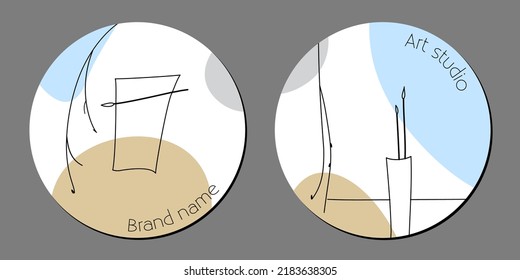 Minimalist sketch vector design. Art symbols with art brushes. Simple line style composition in the frame. Art studio, logotype, brand.