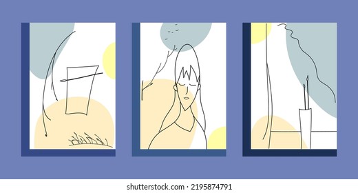 Minimalist sketch vector design collection. Contemporary abstract art cards, prints or posters. Simple line style still life and woman head . 
