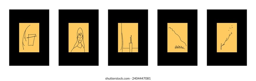Minimalist sketch vector design collection. Contemporary abstract art cards, prints or posters. Simple line style still life with landscapes and woman head . 