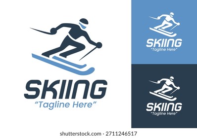 A minimalist skiing identity suitable for winter clothing lines, sport events, and mountain activity programs.