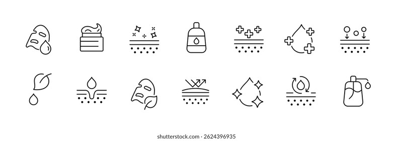 Conjunto minimalista de ícones de cuidados com a pele: 12 esboços para apresentações de beleza e bem-estar