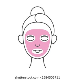 Minimalist skincare illustration of a woman wearing a pink facial mask. This vector icon represents self-care, beauty treatments, and skincare routines.