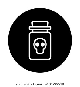 Minimalist skull and crossbones poison bottle icon on dark round background with simple illustration depiction of dangerous substance