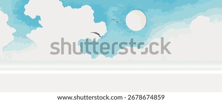 Minimalist sky illustration with clouds, sun, and birds. Blue sky, fluffy clouds, and soaring birds create a serene, peaceful scene. Perfect for backgrounds or nature themes. Vintage nature vector.