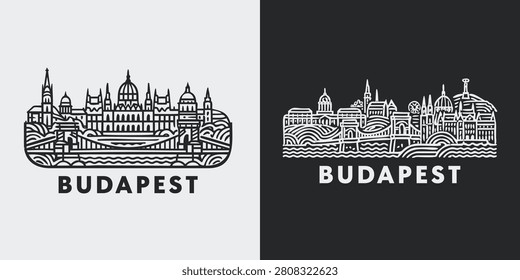 Minimalist skyline of Budapest Hungary highlighting the parliament building and bridges over the river Danube