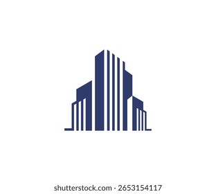 Minimalist skyscraper icon featuring a central high-rise building flanked by smaller structures. Clean vertical design representing urban architecture, real estate development, and business district c