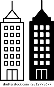 Minimalist skyscraper icon in outline and solid (filled) style for UI UX app design
