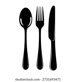A minimalist and sleek representation of essential dining cutlery. The image features a spoon, fork, and knife rendered as clean, solid black silhouettes against a pristine white background. Each utensil is distinctly visible, emphasizing their individual shapes while forming a cohesive set. This simple yet powerful graphic is ideal for designs related to cooking, dining, restaurants, and food service, offering a clear and universally recognizable symbol of mealtime.