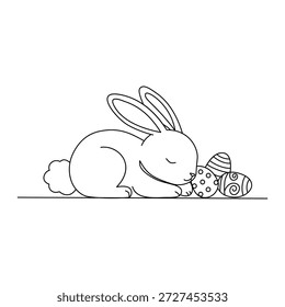 Minimalist Sleeping Easter Bunny Resting Beside Small Eggs Line Art Illustration