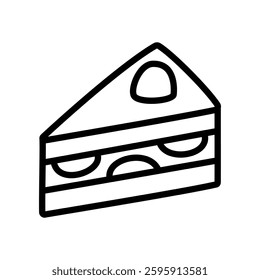 Minimalist slice of cake icon with a clean, modern design. Simple outline vector illustration, perfect for bakery graphics, dessert branding, menu designs, and celebration concepts.