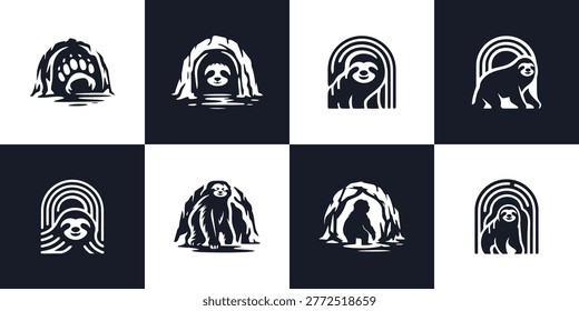 Minimalist sloth and bear silhouettes inside cave entrances and archways for rustic outdoor branding and wildlife conservation projects