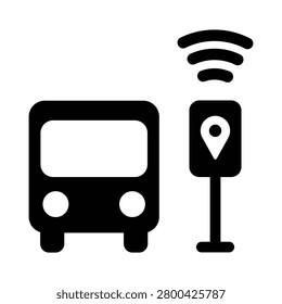 Minimalist smart bus stop icon featuring a public transport vehicle, connected transit station, location marker, and wireless communication signal. Perfect for smart city platforms, intelligent transportation systems, urban mobility solutions, public transit applications, IoT infrastructure, navigation services, and future city technology projects.