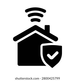 Minimalist smart home security icon featuring a connected house, wireless signal, and protection shield symbol. Ideal for smart home systems, IoT security platforms, home automation applications, cybersecurity solutions, property monitoring services, alarm systems, and smart city technology projects.