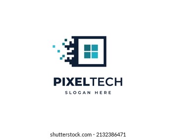 Minimalist smart tech pixel house vector logo design, Creative mozaic technology logo icon symbol