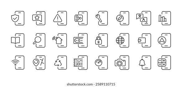 Minimalist smartphone app vector icons set for user interfaces.