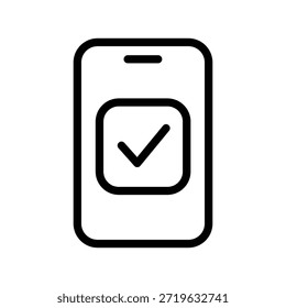 Ícone minimalista de marca de seleção de smartphone representando conclusão de tarefa, confirmação, aprovação ou ação bem-sucedida em um dispositivo móvel