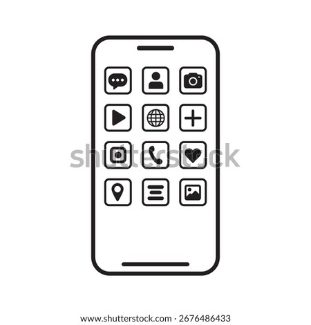 Minimalist smartphone vector with blank app icons, black outline design. Mobile phone interface template for UI, UX, app, web, technology, communication, isolated on white background