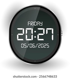 A minimalist smartwatch interface featuring a bold digital clock design with date and day display on a dark round face