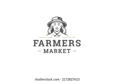 Minimalist smiling female farmer in hat portrait local agriculture production logo design template vector illustration. Woman livestock worker seasonal vegetable harvest crop cultivation premium mark