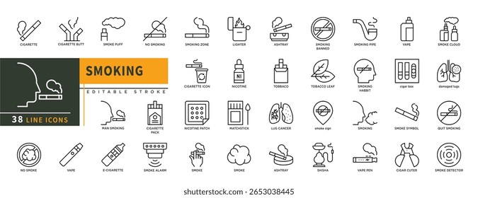 Minimalista Linha de fumagem ícones definidos com traço editável, com cigarro, fumaça, zona de fumagem, mais leve, cinzeiro, cachimbo de fumar, cigarro, shisha, vape, cugar cuter.