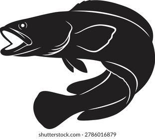 Minimalist snakehead fish silhouette vector illustration with streamlined freshwater predator form and clean black modern style. Channa striata inspired aquatic artwork suitable for fishing brands, seafood logos, outdoor graphics, nature themes, and commercial vector applications.