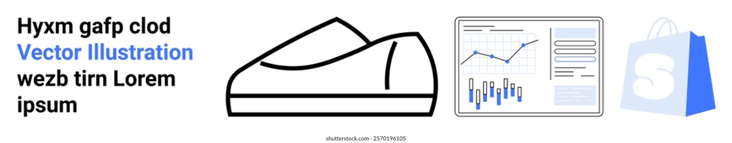 Minimalist sneaker line drawing, data analytics chart with graphs and bar charts, and a shopping bag on white background. Ideal for retail analytics, e-commerce, business trends, consumer behavior