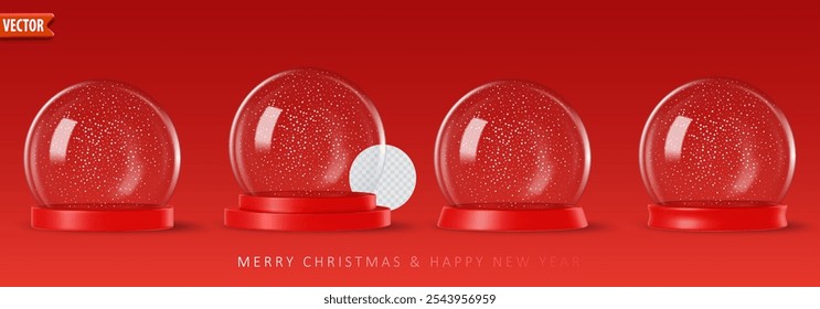 Globo de neve minimalista em um fundo vermelho com superfície de vidro reflexivo suave, ideal para modelos de design de férias. Ilustração vetorial