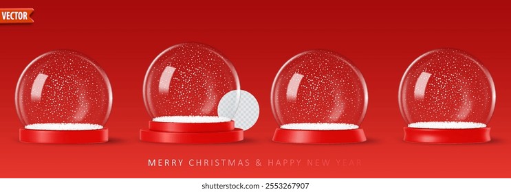 Globo de nieve minimalista sobre un fondo rojo con superficie de burbuja de vidrio reflectante lisa, ideal para Plantillas de diseño de vacaciones. Ilustración vectorial 3D realista