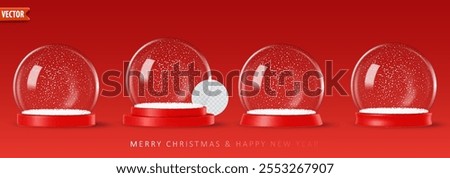 Minimalist snow globe on a red background with smooth reflective glass bubble surface, ideal for holiday design templates. Realistic 3d vector illustration