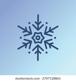 Minimalist snowflake icon on a gradient blue background. Snowflake design features symmetrical lines and dots. Ideal for winter themes and seasonal designs. Christmas illustration vector.