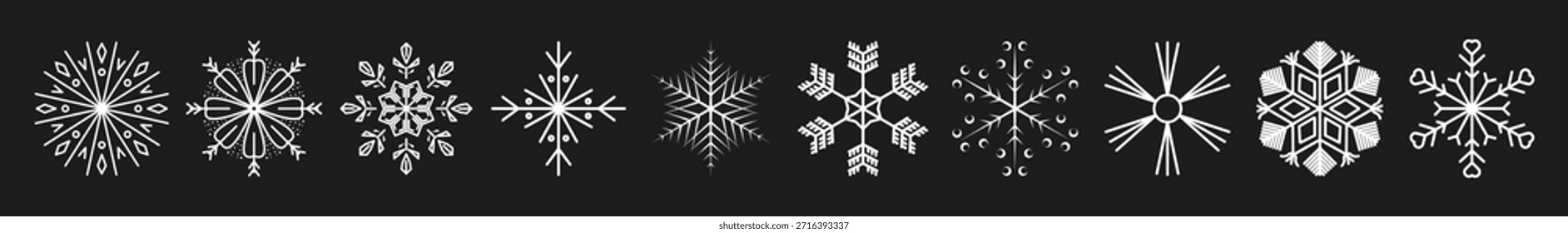Minimalist Snowflake Icon Set Featuring Ten Unique Geometric Designs in Horizontal Layout on Dark Background.