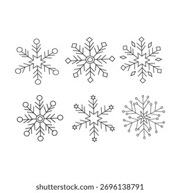 Minimalist Snowflake Icon Set. Six Simple Outline Winter Symbols. Black and White Christmas, Ice, and Cold Weather Graphic Design Elements. Editable Vector Illustration.