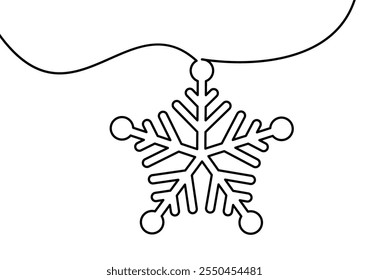 Minimalist snowflake outline featuring circular tips and flowing line. Vector illustration, perfect for winter designs.