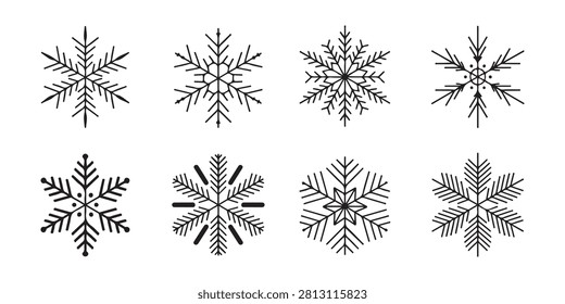 Minimalist snowflake vector collection with geometric branch designs and icy crystal weather symbols.
