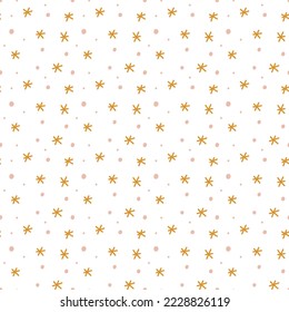 Minimalist snowflakes snow seamless pattern. Doodle Paper Baby Shower Scandinavian wallpaper background. Textile fabric design for kids