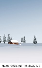 Minimalist snowscape with cottage, snowman and pine forest have blue sky vertical background graphic illustration.