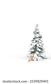 Minimalist snowscape have lonely pine tree and fox with white vertical background graphic illustration. Merry Christmas and Happy New Year greeting card template have blank space.