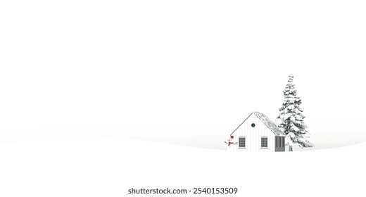 Minimalist snowscape have lonely pine tree, log cabin and snowman with white background graphic illustration. Merry Christmas and Happy New Year greeting card template have blank space.