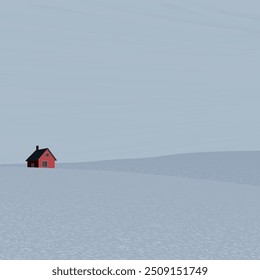 Minimalist snowscape with log cabin graphic illustration. Merry Christmas and Happy New Year greeting card square template have blank space.