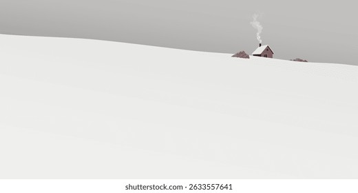 Minimalist snowscape with lonely country house on the hill covered by white snow have dusk sky background graphic illustration.