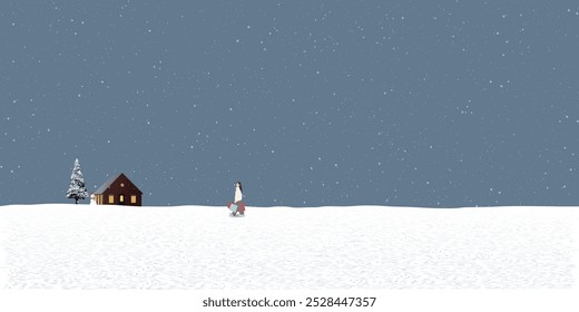 Minimalist snowscape at night have a woman holding a lot of shopping bags walking back to home graphic illustration.
