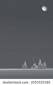 Paisagem minimalista de neve à noite com cabine de madeira tem lua e céu estrelado ilustração gráfica de fundo vertical. Feliz Natal e Feliz Ano Novo modelo de cartão de saudação têm espaço em branco.