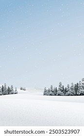 Minimalist snowscape with pine forest, mountain ranges and snowfall graphic illustration. Merry Christmas and Happy New Year greeting card template have blank space.
