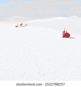 Minimalist snowscape with Santa Claus and lazy reindeers graphic illustration. Merry Christmas greeting card square template have blank space.