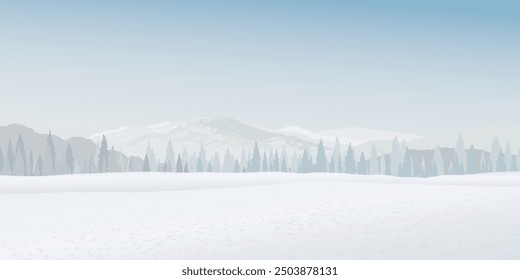 Minimalist snowscape with silhouetted pine forest and mountain ranges behind graphic illustration. Merry Christmas and Happy New Year greeting card template have blank space.