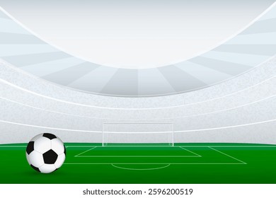 Minimalist Soccer Stadium with Classic Ball. A clean and minimalist illustration of a soccer field inside a modern stadium, featuring a goalpost and a classic soccer ball on the green pitch.
