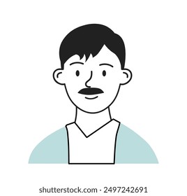 Minimalist social media avatar. Cute man with moustache. Picture for social networks and messenger. Profile at website. Template and layout. Linear vector illustration isolated on white background