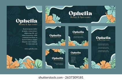 Minimalist social media floral template line art style with deep forest green Bauhinia ornament