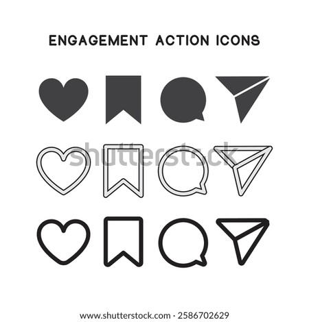 Minimalist social media icons: heart like, bookmark save, bubble comment, and paper plane share. Perfect for apps, websites, and digital content. Solid and outline styles.