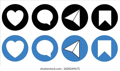 Minimalist social media icons,. like comment, share and save icons in white, blue and black background. set of social media icons. like share comment vector icons, symbols, illustrations.
